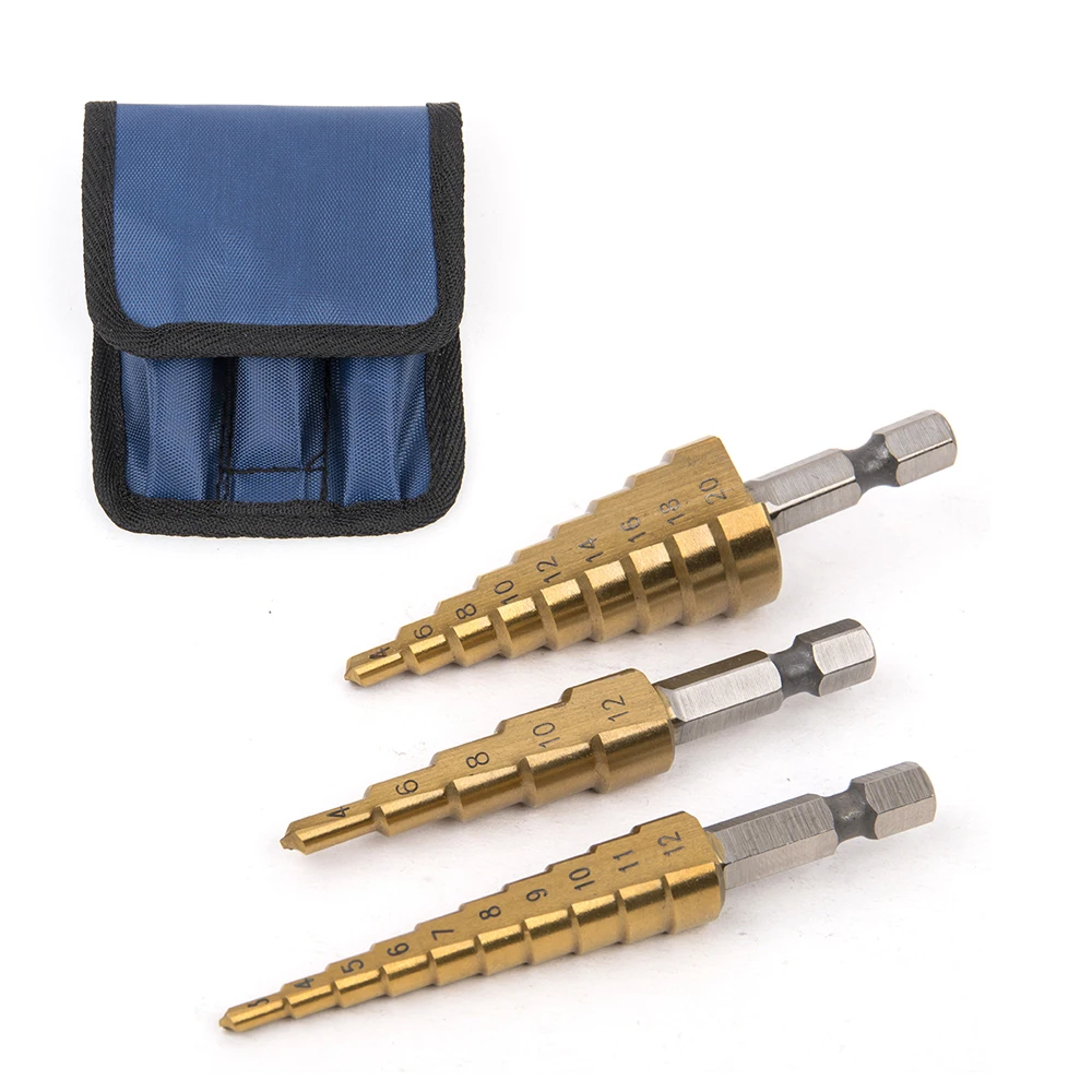 

3pcs HSS Steel Titanium Step Drill Bits 3-12mm 4-12mm 4-20mm Step Cone Cutting Tools Steel Woodworking Wood Metal Drilling Set