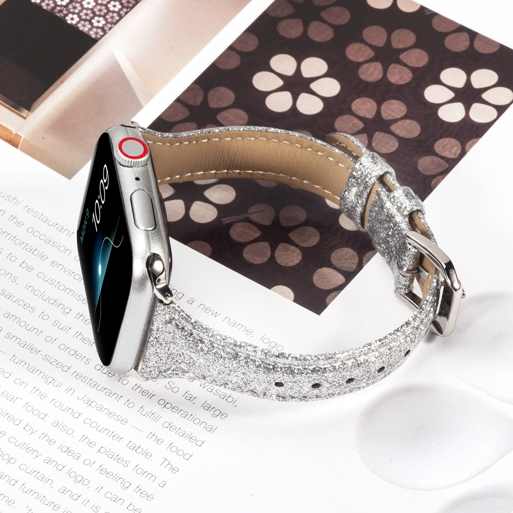 Тонкий блестящий кожаный ремешок для Apple Watch, 40 мм, 44 мм, для женщин, для iWatch, тонкий браслет, блестящий ремешок для серий 4, 3, 2, 1 издание