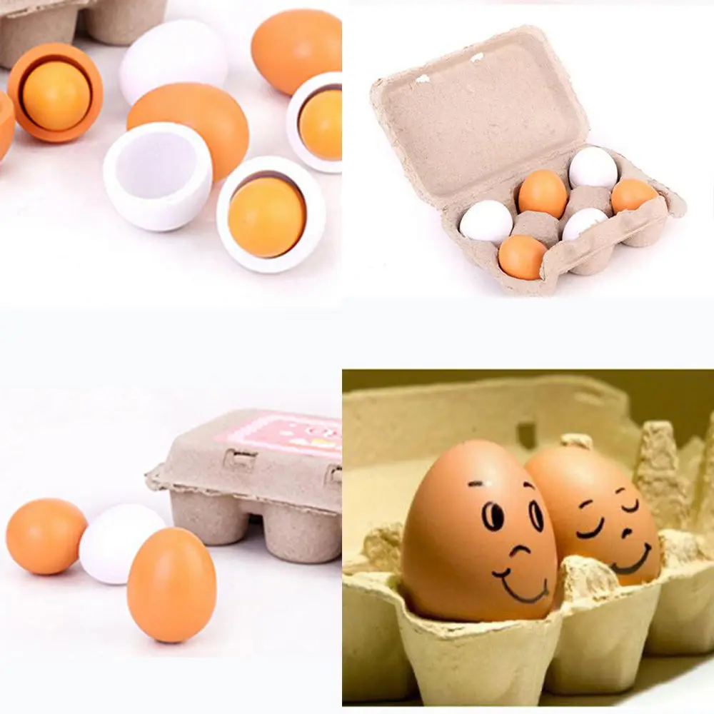 6PCS Baby Kids Pretend Play Educational Toy Wooden Eggs Yolk Kitchen