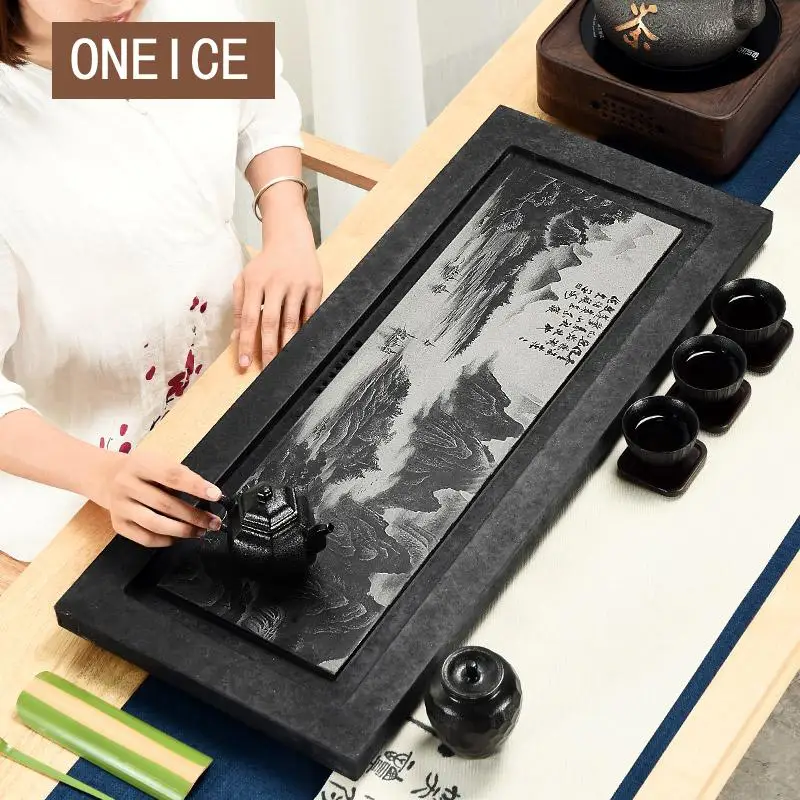 

Shadow Carving Whole Piece Of Wujinshi Tea Tray Black Stone Small Sea Table Home Simple Set Chinese Kung Fu Bamboo Tea Trays
