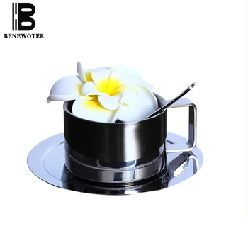 

200ml European Style 304 Stainless Steel Hot Coffee Mug with Saucer and Spoon Tea Sets Double Insulation Afternoon Tea Wine Cup
