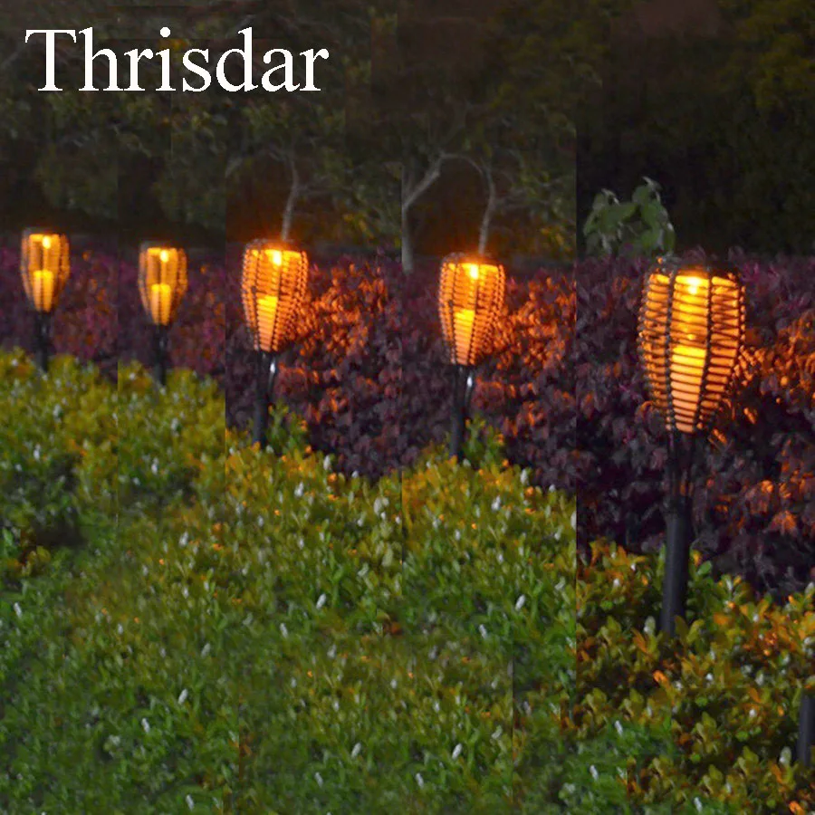 Beste Thrisdar 2 stks Solar Tuin Rotan Fakkels Lichten Outdoor Landschap Tuin Patio Dek Yard Path Tiki Fakkels Lantaarn Licht
