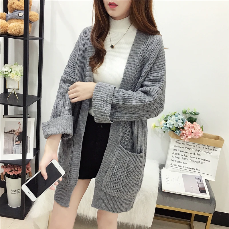 

New 2019 Autumn Plus Size Women Sweaters Loose Knitted Outerwear Casual Cardigans Gray Color Pockets Sweaters Brand Colthes