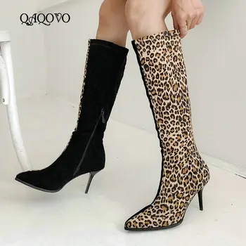

Women Faux Suede Thin Heel Knee High Boots Fashion Zipper Leopard Boots Ladies Pointed Toe Autumn Winter Shoes Yellow Red