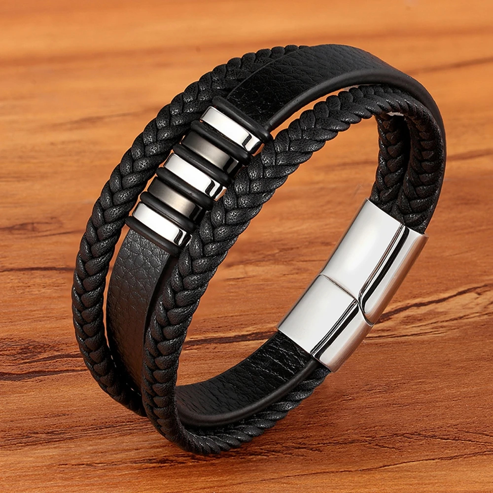 High Quality Stainless Steel Charm Stackable Layered Bracelet Leather Genuine Braided Black Bracelet for Men’s Hand Jewelry