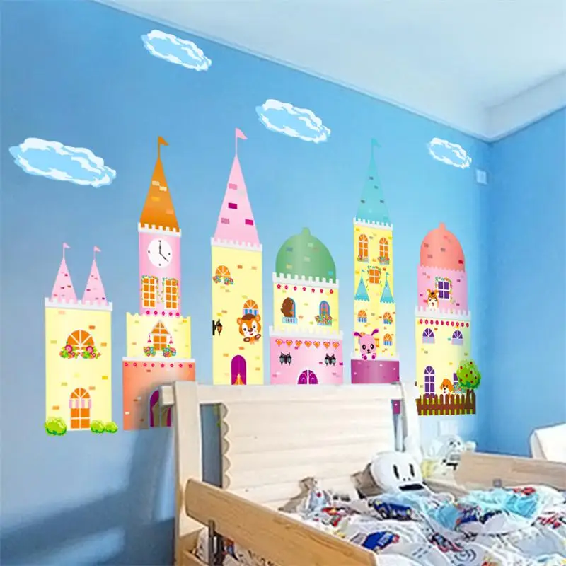 Colorful Princess Animal Castle Clouds Wall Stickers DIY Decal Girls Kids Bedroom Art Mural ...