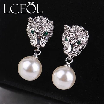 

LCEOL AAA Quality Fashion drop Earring leopard head green crystal eyes Simulated pearl pendant CZ drop earrings for women