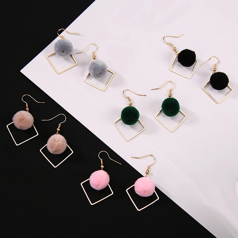 

KARASU Stylish Square Geometric Dangle Earring Colorful Fur Pom Pom Ball Earrings Winter Drop Earrings for Women Girls