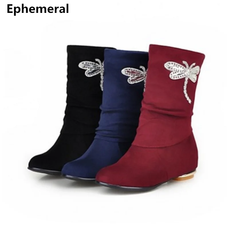 

Lady's fashioWarm Dragonfly Diamond Plus size 34-43 Flock autumn High increasing Heel Mid-Calf Boots Round toe Botas Women Shoes