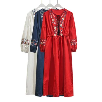 

Floral Print Embroidery Runway Bohemian Dresses TUHAO 2019 Women's Spring Autumn Cotton Linen Beach Casual Party Dresses JA236