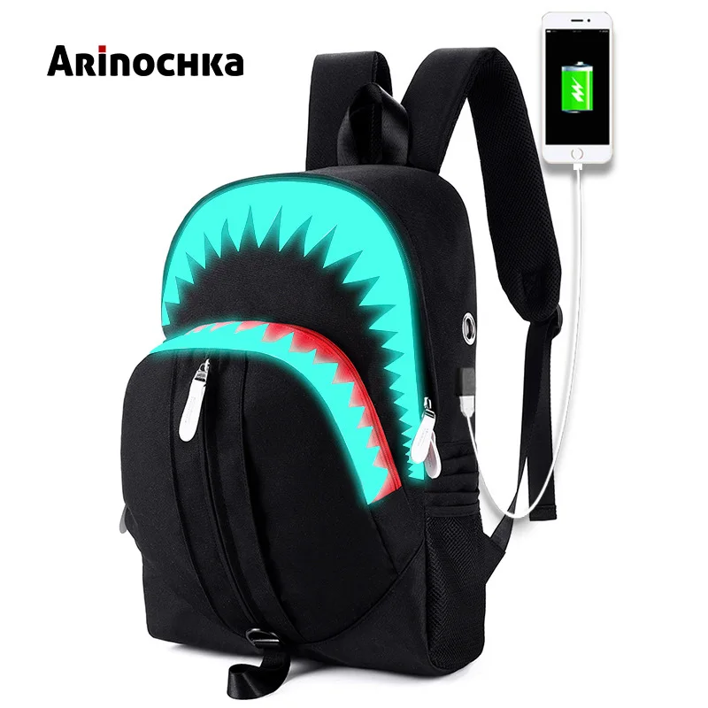 

USB Charging Fashion Luminous 3D Shark Backpack Night Glows Lighting Junior High School Bag Laptop Teenagers Travel Bag Mochila