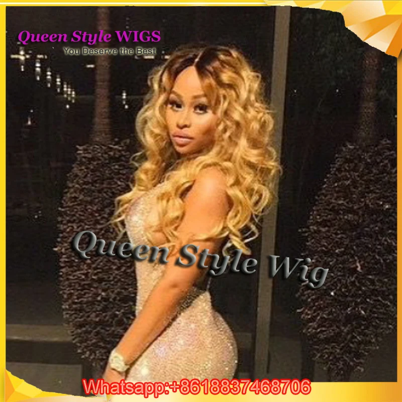 Celebrity Black Chyna Long Wavy Black Root Ombre Blonde Hair Lace