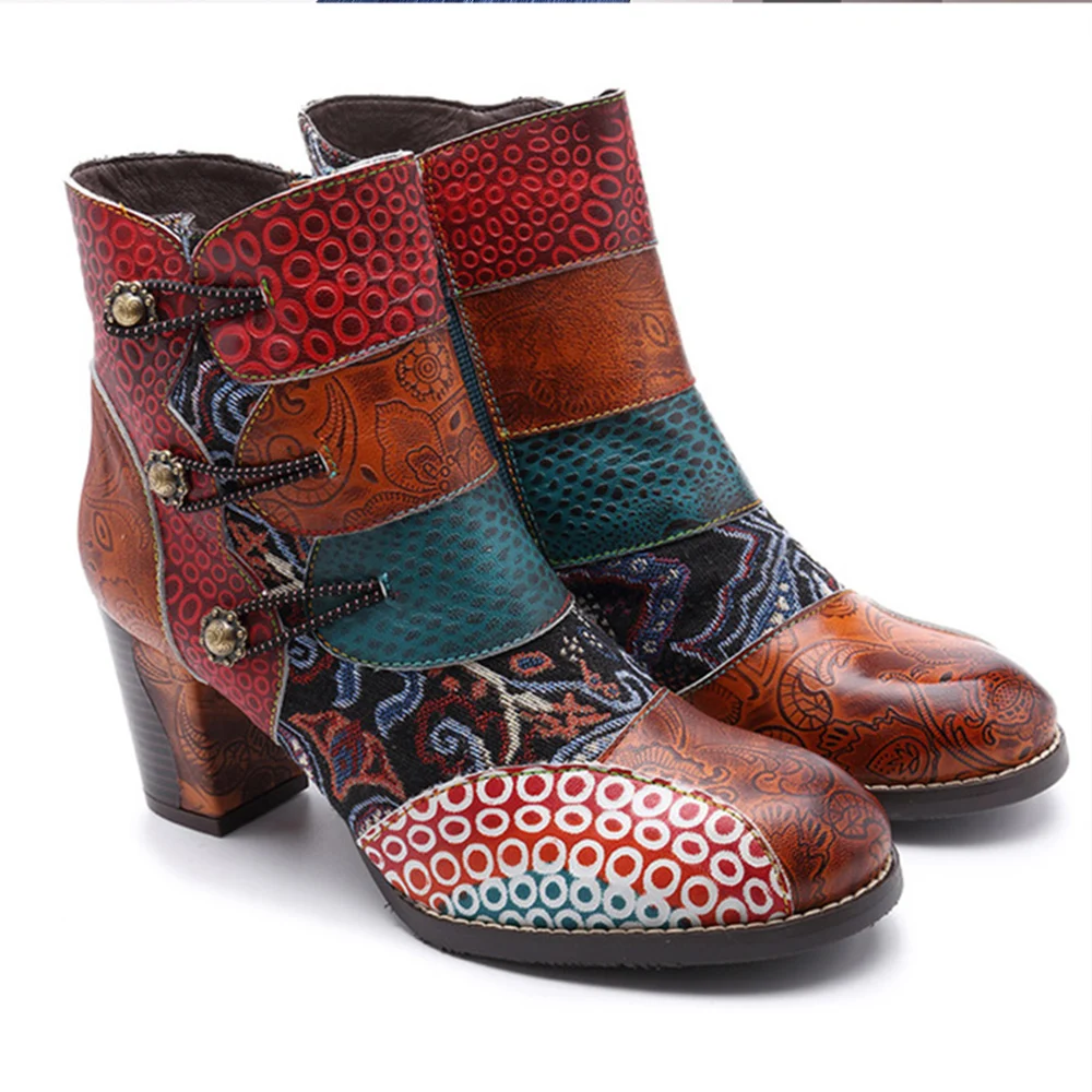 Boots women Big size 42 Splicing Printed Ankle Boots Leather Fashion Vintage Parcel Increasing Woman boots Flower