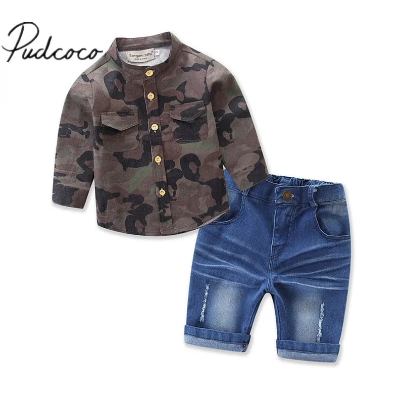 

Hot Camouflage Baby Boy Kids Shirt Top+Jeans Denim Shorts Pants 2pcs Outfits Set
