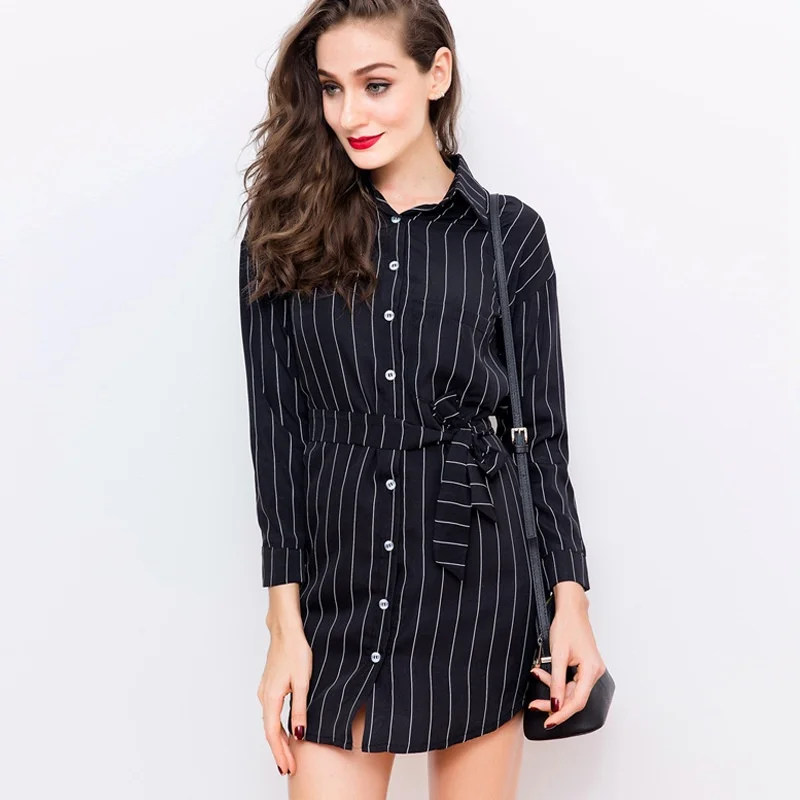 Lapel vertical striped shirt button long sleeved shirt dress lace dress