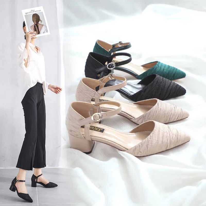 

Plus Size 41 sandalen femme pointed closed toe silk pleated straps high heels 2019 summer women chunky sandals pure shoes korean