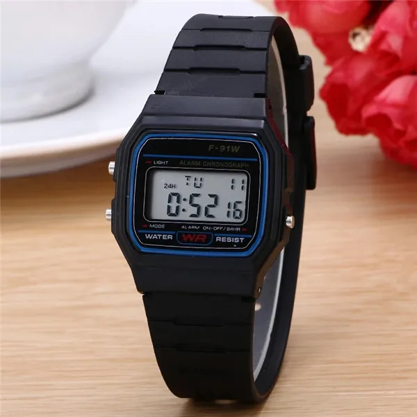 Alarm clock silicone waterproof timing multi-functional outdoor sports F91 electronic watch fashion trend personality of childre - Цвет: Черный