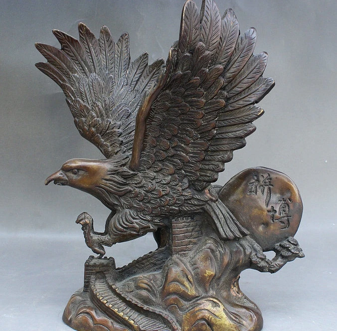 

10" China FengShui Bronze Auspicious Bird Dapeng Greast Wall Eagle Hawk Statue