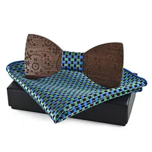 Для мужчин с цветочным узором с геометрическим узором лазерной гравировки Резные Свадебные костюм галстук-бабочка из деревянная клетка, горошек бабочкой платок нагрудный платок