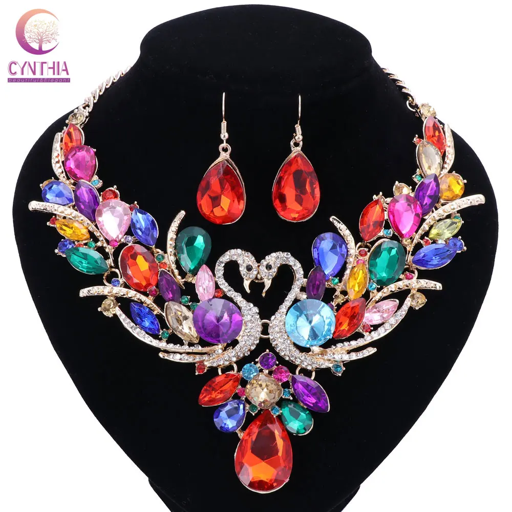 Wedding Gold colour Chain Colorful Crystal Double Swan Pendant Necklace