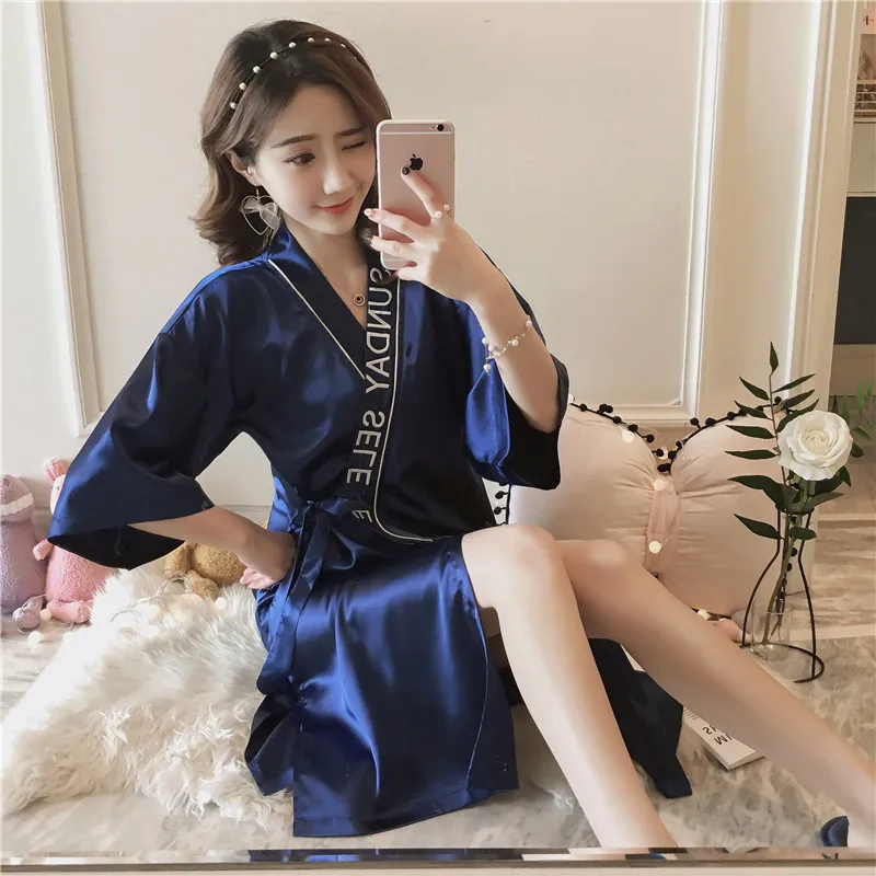 

Women Silk Satin Letter Wedding Bride Bridesmaid Robe Bathrobe Midi Kimono Robe Night Robe Bath Robe Gown With pocket AD367