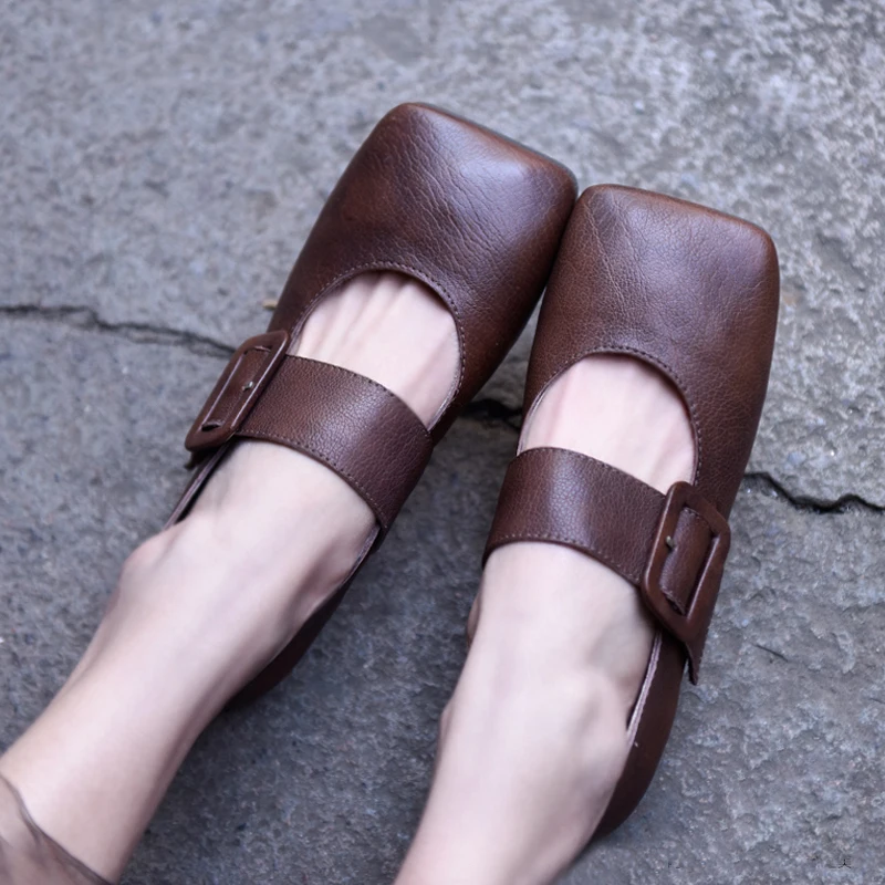 

Artmu Original Square Toe Genuine Leather Women Shoes Handmade Strap Buckle Flats Casual Mary Jane Roma Soft Soles Fashion