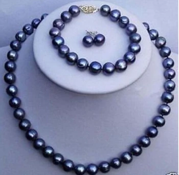 

Free shipping $wholesale_jewelry_wig$ 7~8MM black real saltwater Pearl Earring bracelet necklace set