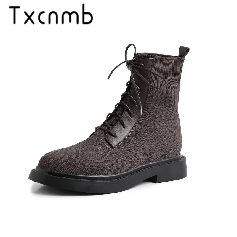 

TXCNMB Top Quality Knitting Leather Ankle Boots for Women Round Toe Slip on Autumn Winter Boots Women Shoes Woman Black