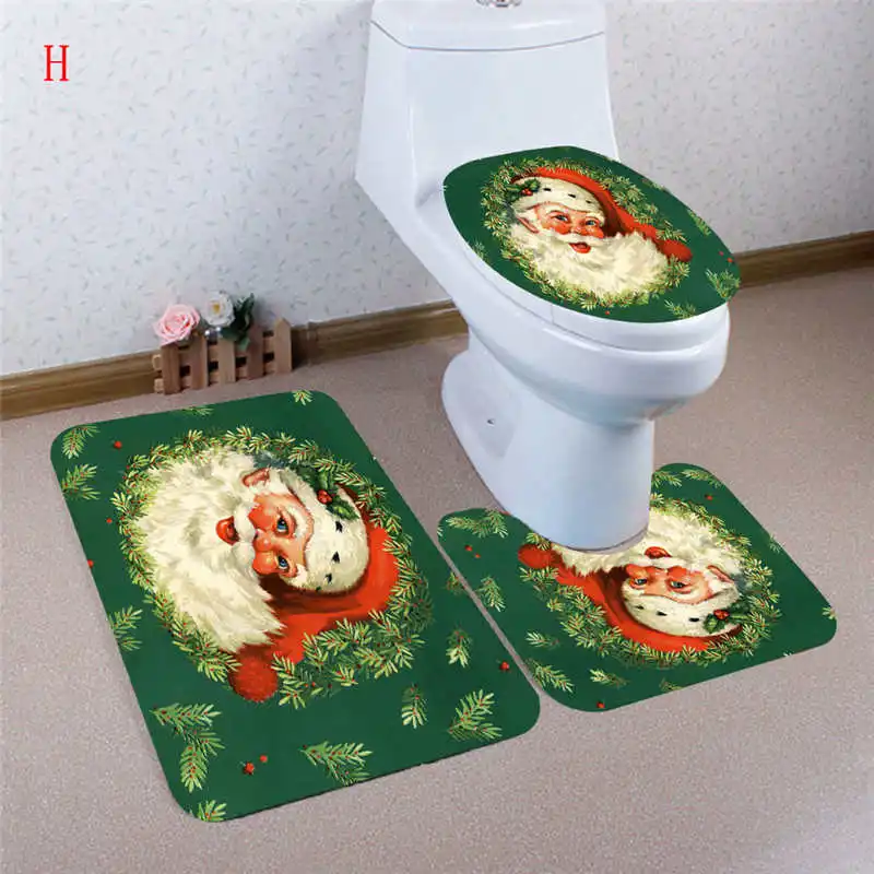 3PCS Christmas Bathroom Non-Slip Pedestal Rug + Lid Toilet Cover + Bath Mat Set Flannel Bottom Add a festive life #2n15 (38)