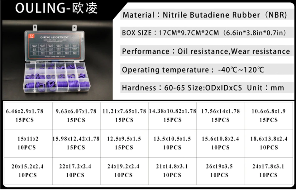 225 шт 18 размеров уплотнительное кольцо резиновое уплотнительное кольцо фиолетовое NBR кольцо нитриловая шайба уплотнительное кольцо набор уплотнительных колец набор прокладок коробка