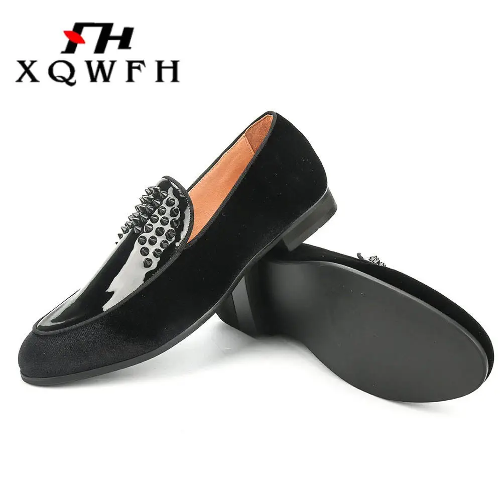Casamento Xqwfh Do Veludo Partido Loafers Calçados Homens Vestido Sapatos Black Dos De Casuais E Flats Feitas Mão Preto À Spikes rqCxRZrU