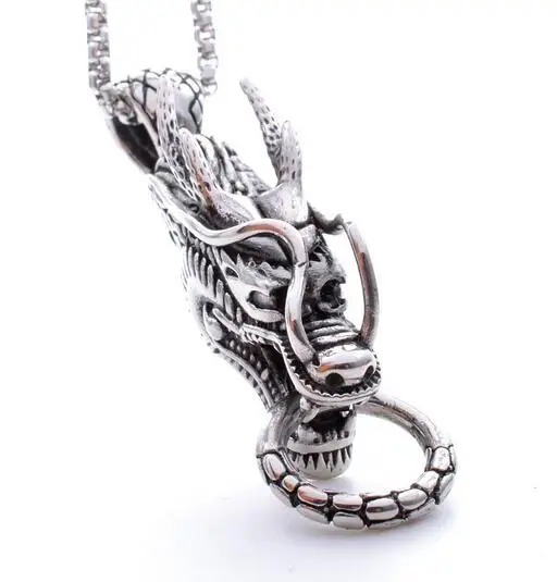 

Stainless Steel Vintage silver black dragon pendant necklace for men's jewlery 3mm 24 inch rolo chain