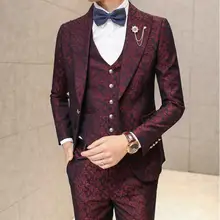 Мужской костюм Свадебный Жених выпускного вечера набор мужской бордовый Цветочный Тонкий однобортный костюм Мужская одежда(куртка+ жилет+ брюки