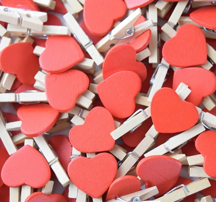 natural wooden mini clothespins with red hearts Valentines Day Rustic Wedding Party Decoration