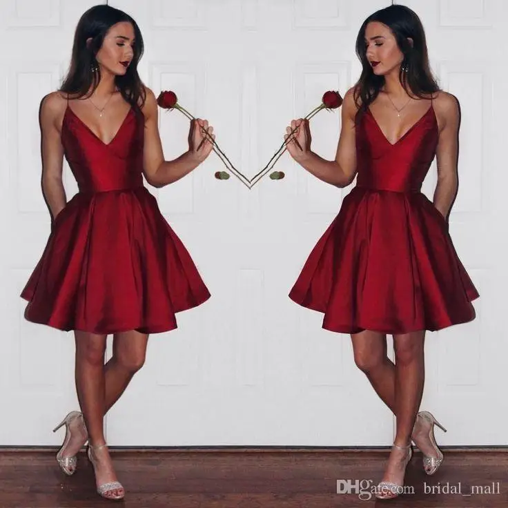 Simple Cheap Dark Red Dress 2017 Spaghetti Straps Short Prom