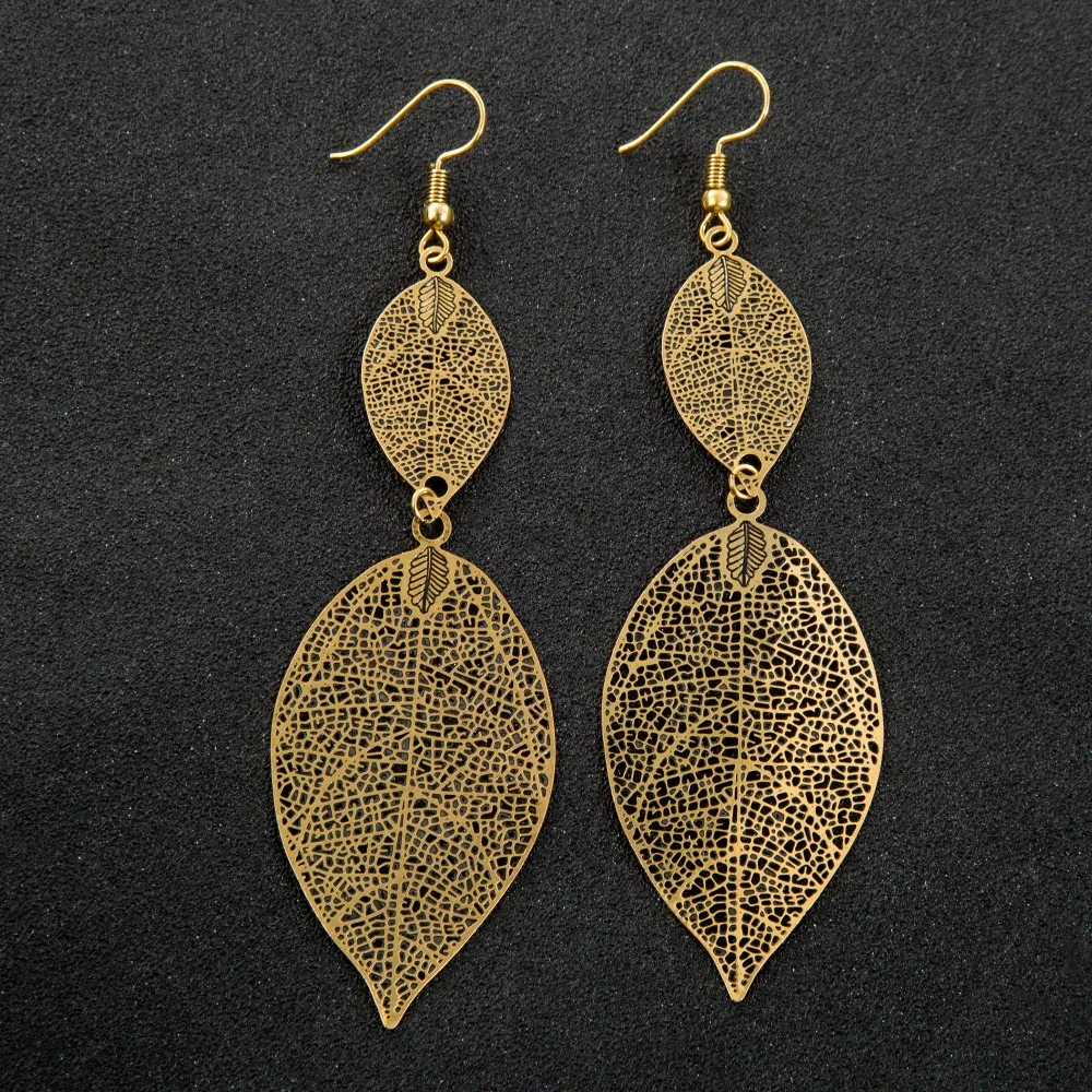 Gold Leaf Long Earrings FILIGREE Leaf Pendant Dangle Earrings Handmade