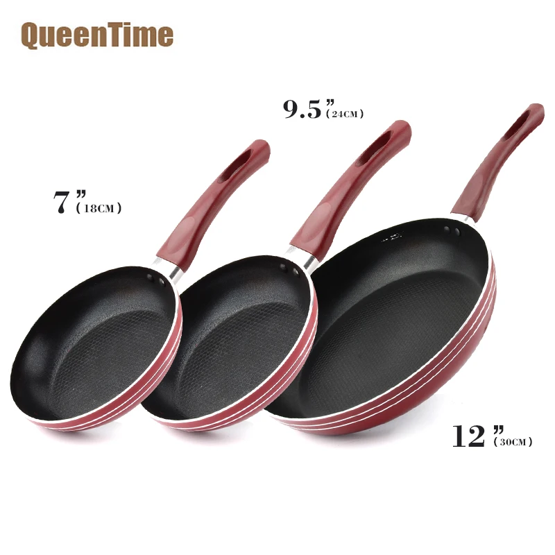 

QueenTime 7"+9.5"+12" Aluminum Alloy Food Skillets Non-Stick Coating Frying Pan With Long Plastic Handle Fried Eggs Tools