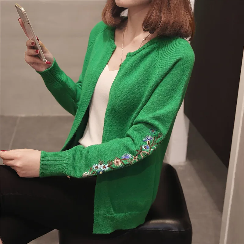 

2018 Autumn Knitting Loose Fashion Women's Cardigans Embroidery Long Sleeve Simple Style Female Sweaters Korea Style Coats