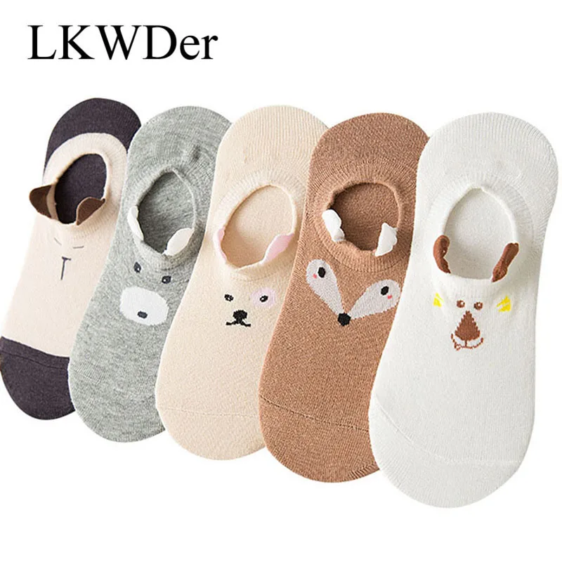 

LKWDer 5 Pairs Womens Spring Summer Socks Women Cute Pet Stereo Animals Ear Happy Funny Socks Cotton Non-slip Cartoon Boat Socks