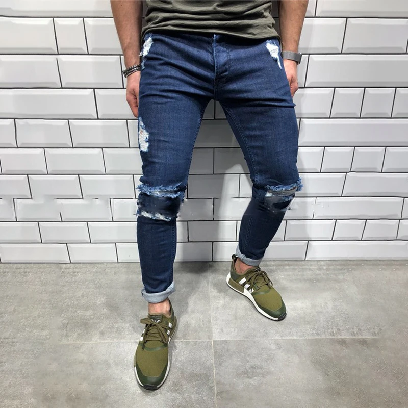 

Newest Arrivals Fashion Men's Washed Ripped Destroyed Jeans Straight Vintage Frayed Denim Zipper Street Pants