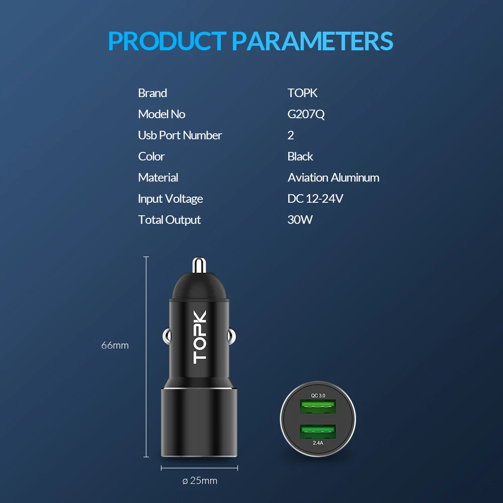 Автомобильное зарядное устройство TOPK Dual USB для iPhone Xiaomi Sansmsung Quick Charge 3 0 быстрое