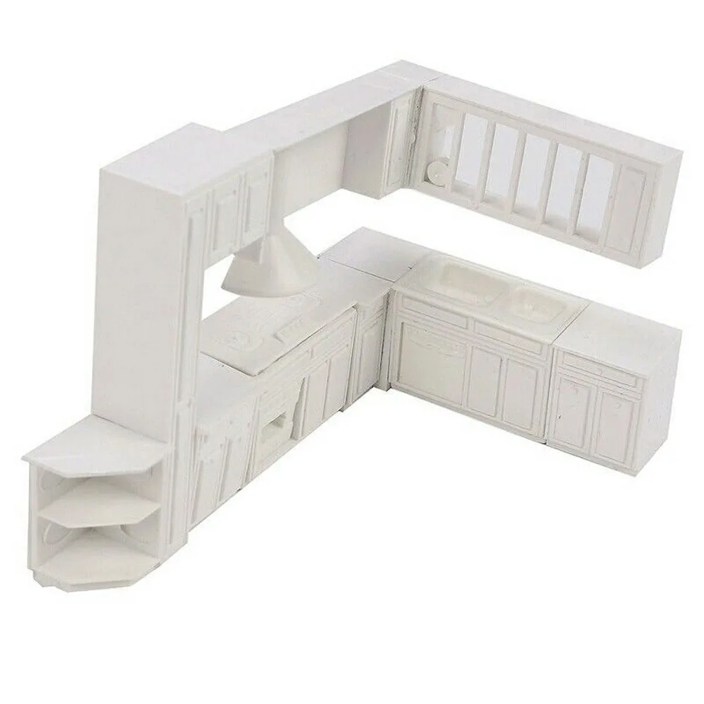 

Doll house Miniature 16 piece kitchen furniture kit L-Shape White Plastic