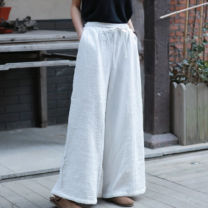 

Johnature 2019 New Style Casual Trouser Cotton Linen Drawstring Long Length Women Pants Spring Loose Vintage Wide Leg Pants