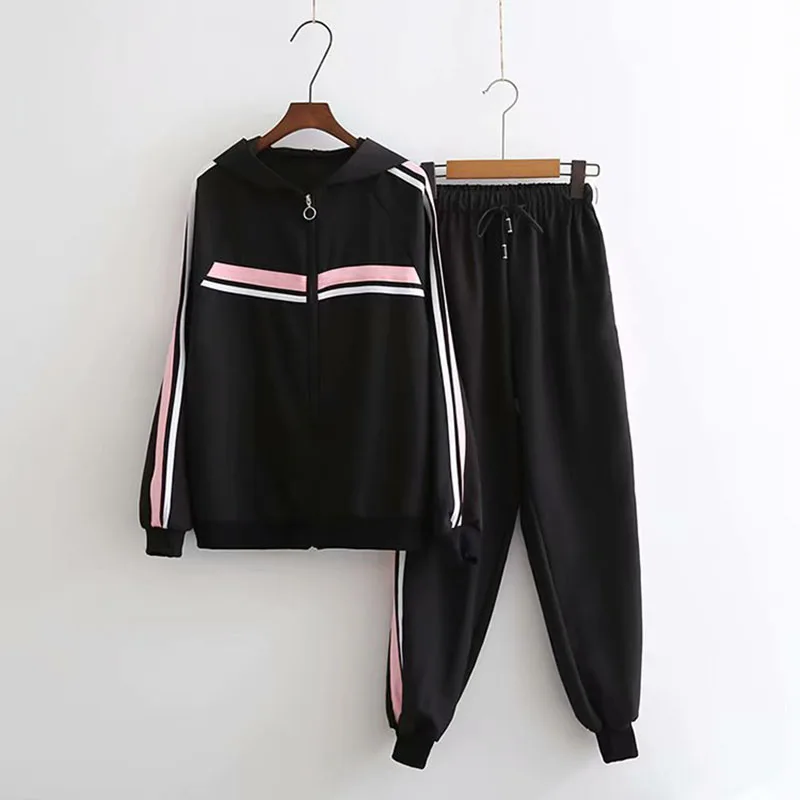 

2018 Runway Vintage Striped 2 Piece Set Fashion Black Zipper Hooded Jacket Ankle-Length Harem Pants Suit Casual Women's Suit