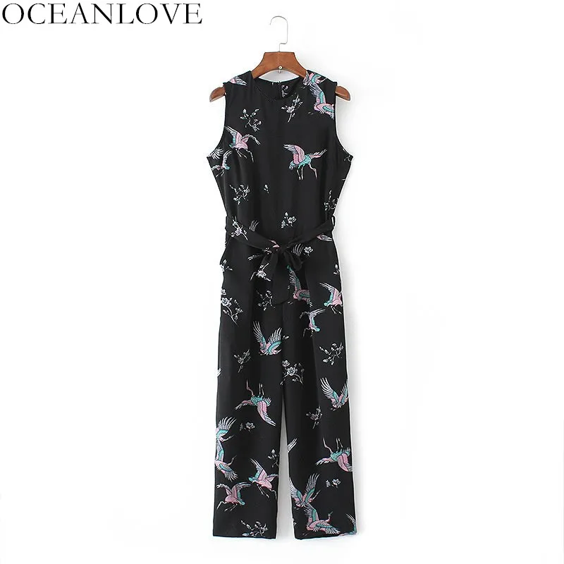 

OCEANLOVE 2019 Summer New Print Crane Bodysuit Women Lace Up Bow Sleeveless Jumpsuit Zipper Sashes Fashion Lady Playsuit 11498
