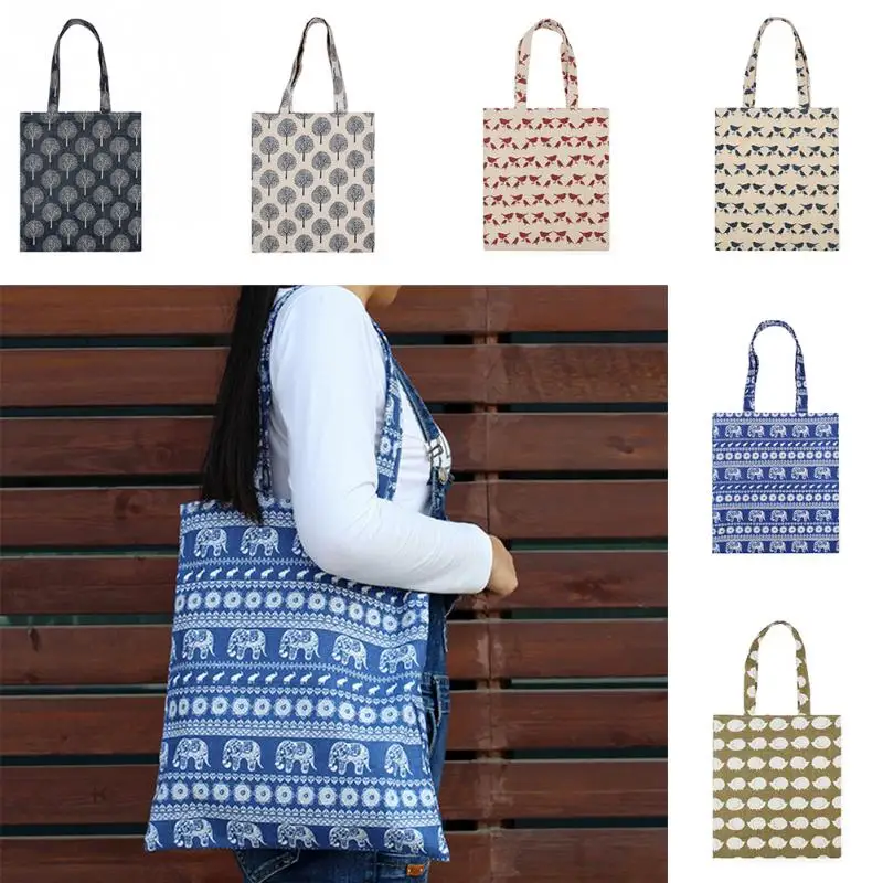 Cotton Linen Reusable Shopping Bag Women Printed Tote Bag Eco Grocery