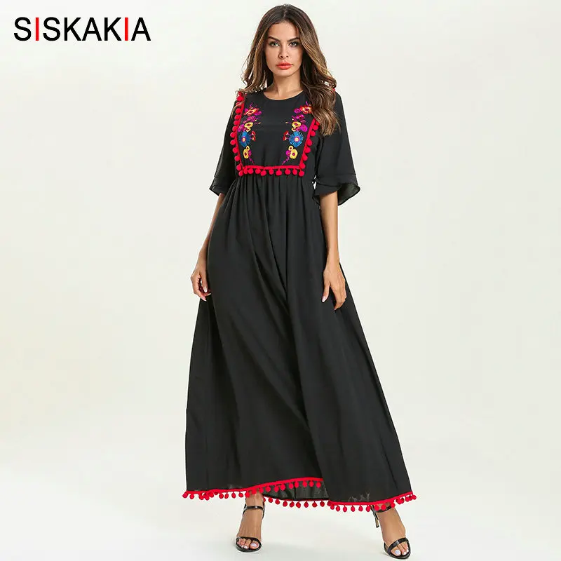 Siskakia Лето, этническое женское длинное платье, помпон-кисточка, Цветочная вышивка, пэтчворк дизайн, макси платья, Свинг, элегантное, черное - Цвет: Black dress