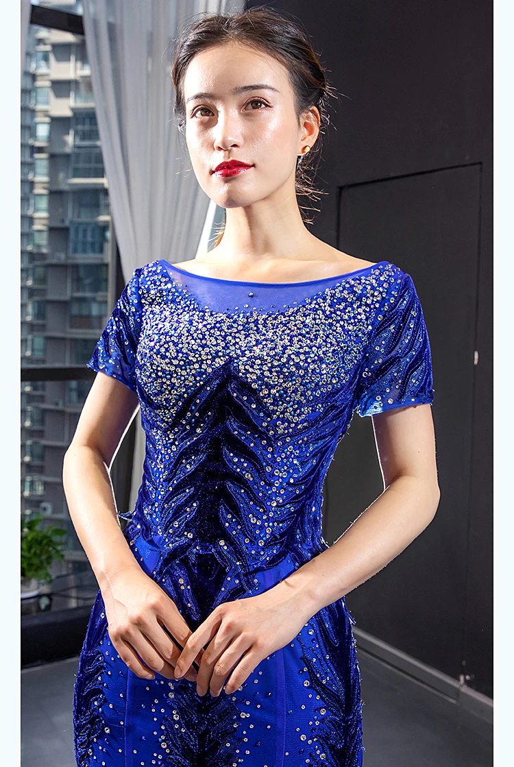 2 Piece Royal Blue Dubai Saudi Arabia Luxury Sequined Sparkle Mermaid Evening Dresses Short Sleeve Beading Evening Gowns Kaftan