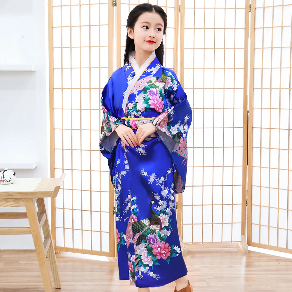 Новинка, детское цветочное кимоно с павлином для девочек, платье в японском традиционном стиле юката с розовым Obi, Элегантное Длинное платье, одежда для сцены