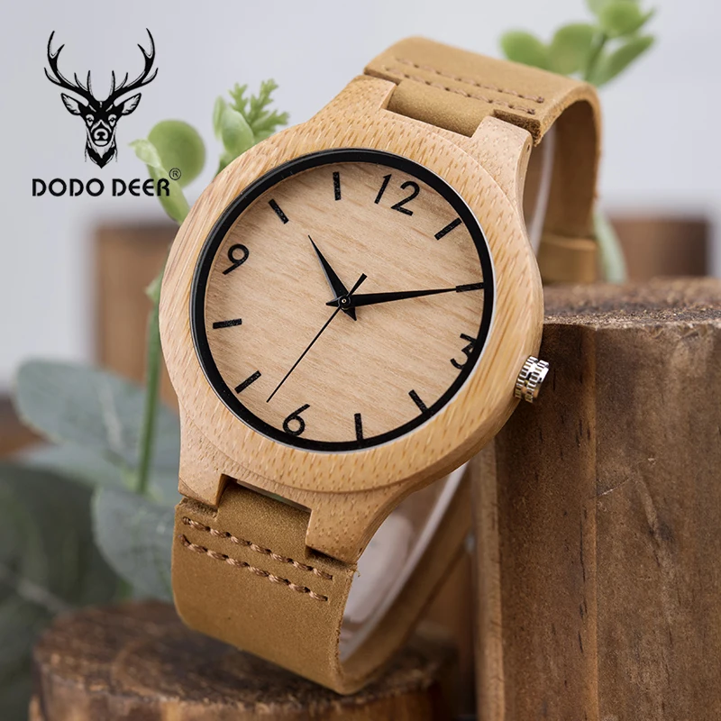 

DODO DEER Wood Man Watches Casual Quartz Bamboo Custom Text Pattern Men Soft Leather Band Watch as Creative Gifts